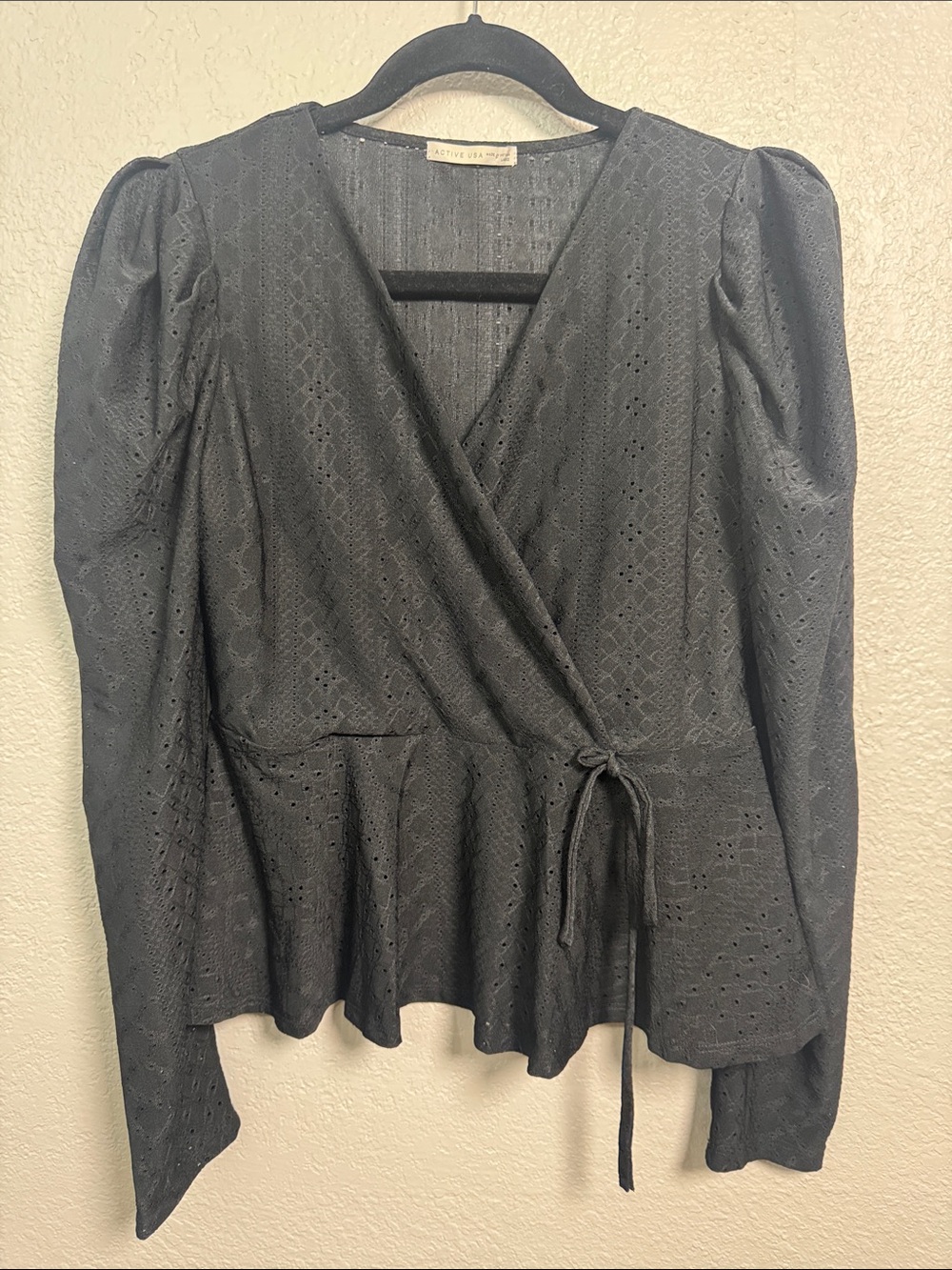 Active USA Black Eyelet Wrap Blouse with Tie Waist